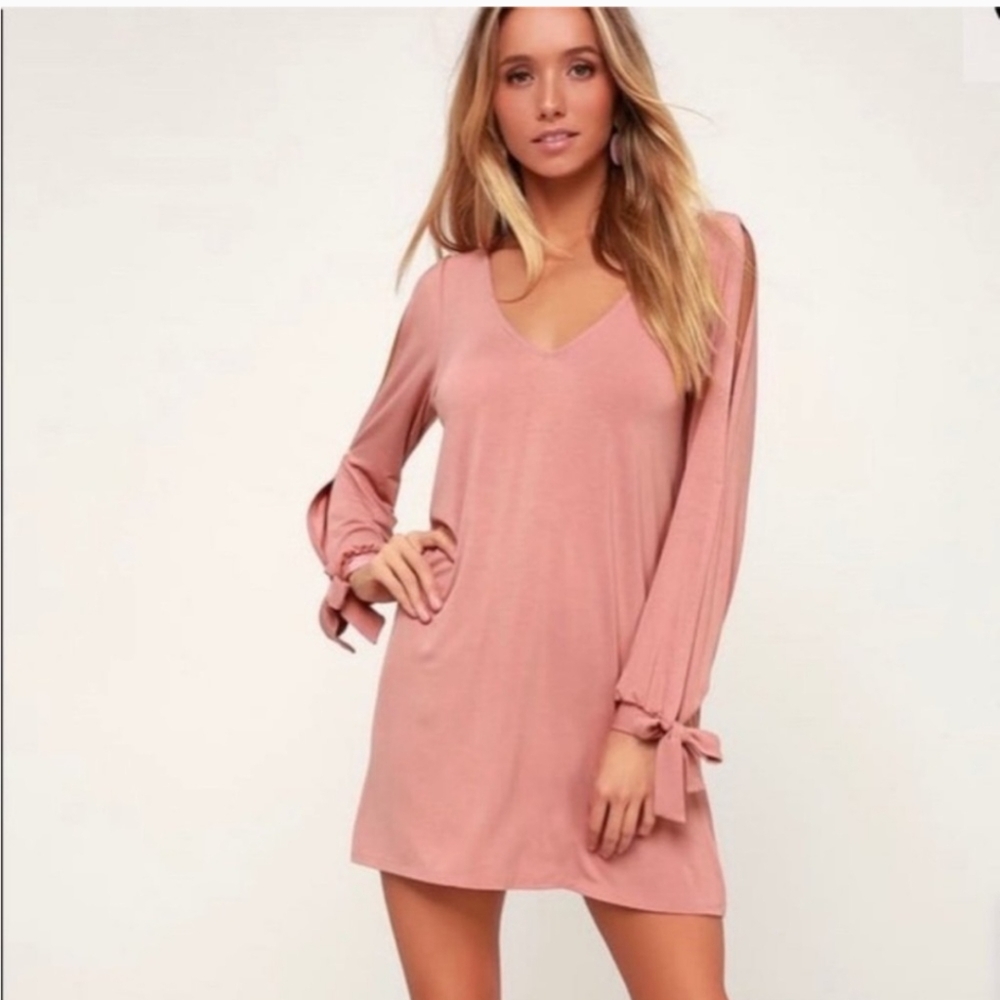 Lulu's Pink Mini Babydoll Dress with Long Bishop Sleeves